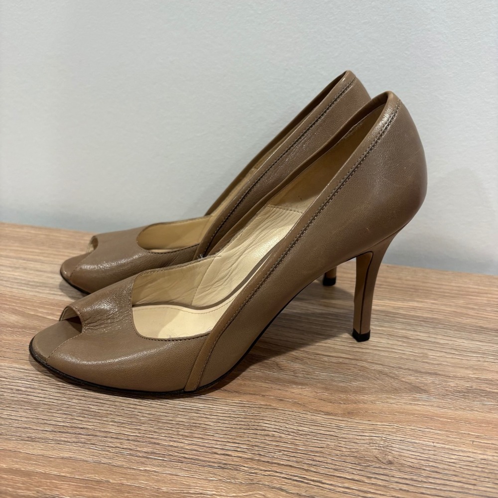 Max Mara Classic Peep Toe Pumps Women Taupe Size 37.5 Leather Stiletto Heels